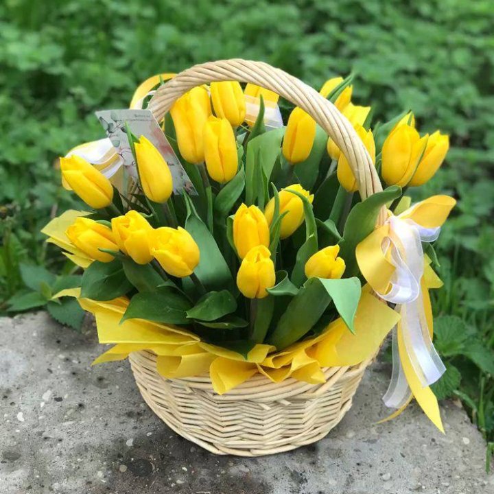25 желтых тюльпанов в корзине в Курске