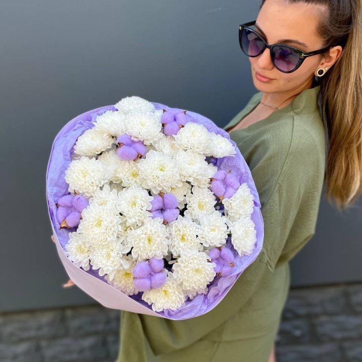  Букет  хризантем и хлопка в Курске